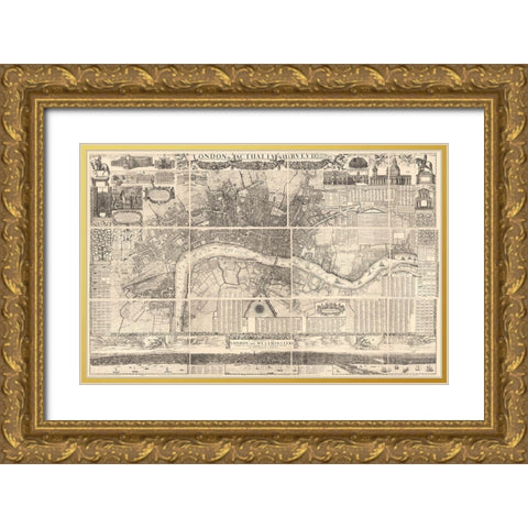 London England 1682 Gold Ornate Wood Framed Art Print with Double Matting by Vintage Maps