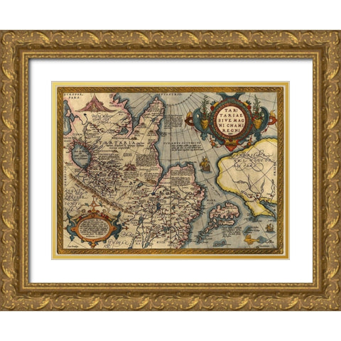 Asia 1570 Gold Ornate Wood Framed Art Print with Double Matting by Vintage Maps