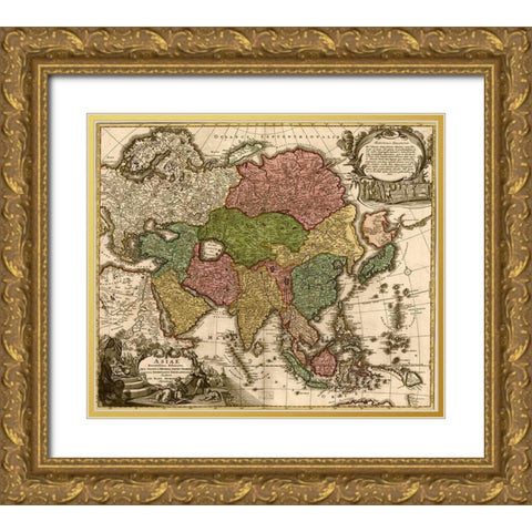Asia 1725 Gold Ornate Wood Framed Art Print with Double Matting by Vintage Maps