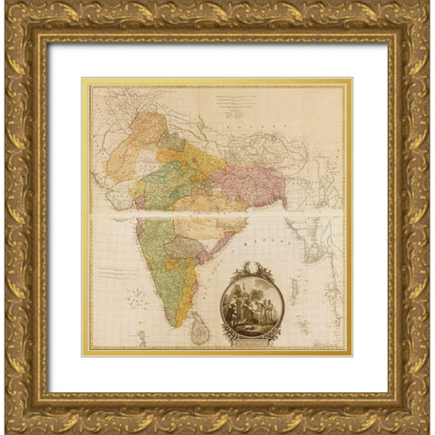 India Hindustan 1782 Gold Ornate Wood Framed Art Print with Double Matting by Vintage Maps