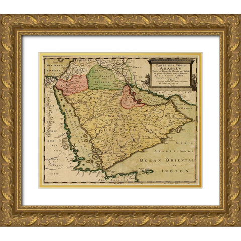 Three Arabias 1654 Gold Ornate Wood Framed Art Print with Double Matting by Vintage Maps