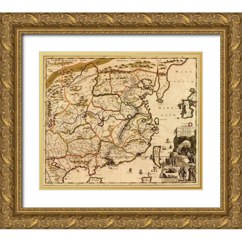 China 1700 Gold Ornate Wood Framed Art Print with Double Matting by Vintage Maps