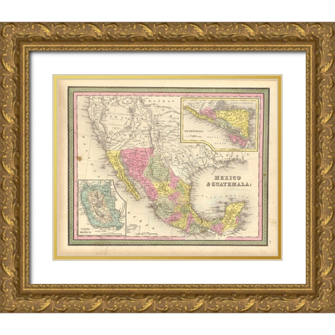 Mexico and Guatamala 1849 Gold Ornate Wood Framed Art Print with Double Matting by Vintage Maps