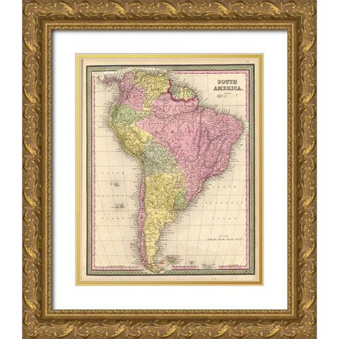 South America 1849 Gold Ornate Wood Framed Art Print with Double Matting by Vintage Maps