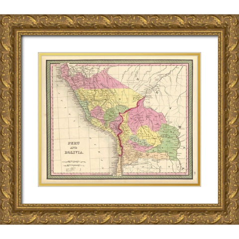 Peru and Bolivia 1849 Gold Ornate Wood Framed Art Print with Double Matting by Vintage Maps