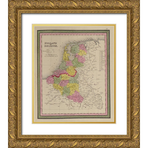 Holland and Belgium 1849 Gold Ornate Wood Framed Art Print with Double Matting by Vintage Maps