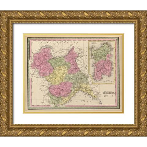 Sardinia 1849 Gold Ornate Wood Framed Art Print with Double Matting by Vintage Maps