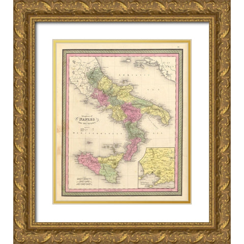 Naples and the Two Sicilies 1849 Gold Ornate Wood Framed Art Print with Double Matting by Vintage Maps