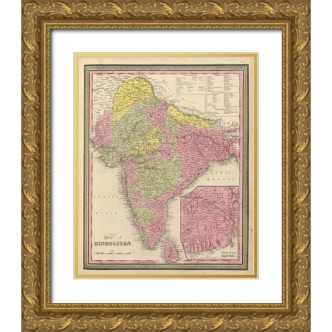 Hindustan 1849 Gold Ornate Wood Framed Art Print with Double Matting by Vintage Maps