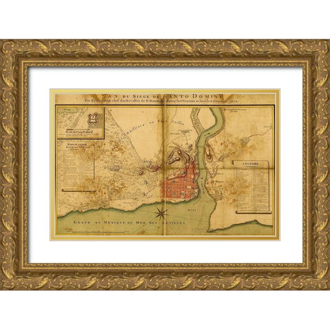 Siege of Santo Domingo 1895 Gold Ornate Wood Framed Art Print with Double Matting by Vintage Maps