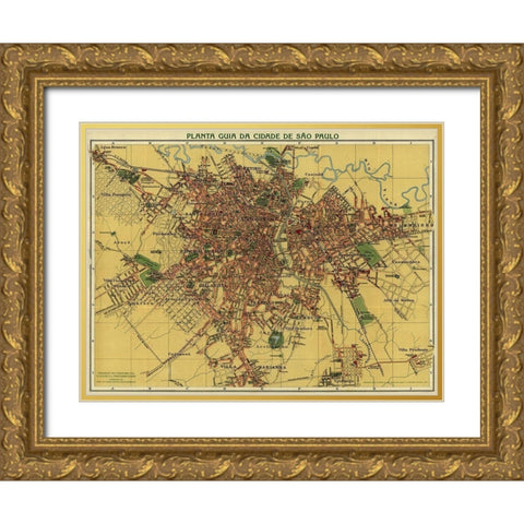 Sao Paolo Brazil 1913 Gold Ornate Wood Framed Art Print with Double Matting by Vintage Maps