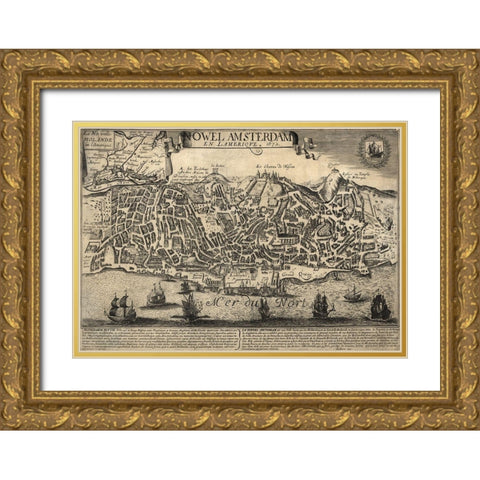 New Amsterdam in the Americas 1672 Gold Ornate Wood Framed Art Print with Double Matting by Vintage Maps