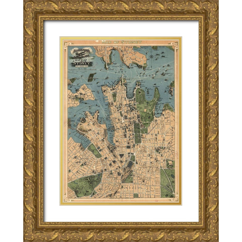 Aeroplane map of Sydney Australia 1922 Gold Ornate Wood Framed Art Print with Double Matting by Vintage Maps