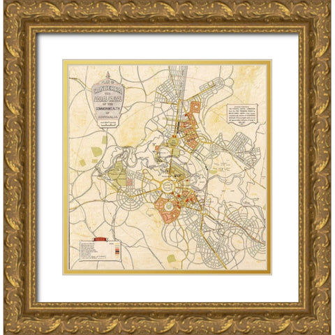 Canberra Australia 1927 Gold Ornate Wood Framed Art Print with Double Matting by Vintage Maps