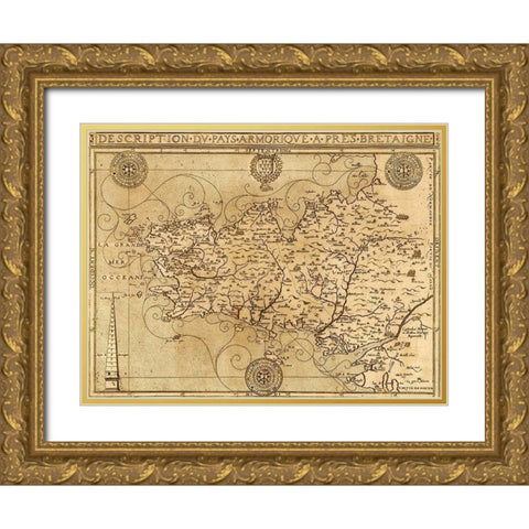 Bretaigne 1594 Brittany Coast Gold Ornate Wood Framed Art Print with Double Matting by Vintage Maps