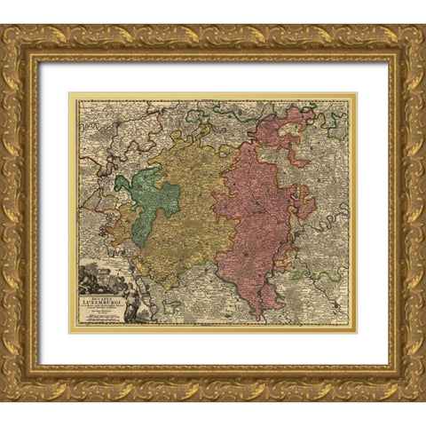 Duchy of Luxemburg 1700 Gold Ornate Wood Framed Art Print with Double Matting by Vintage Maps