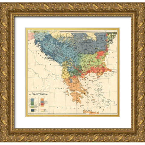 Ethnographic Map of the Balkan Peninsula 1918 Gold Ornate Wood Framed Art Print with Double Matting by Vintage Maps