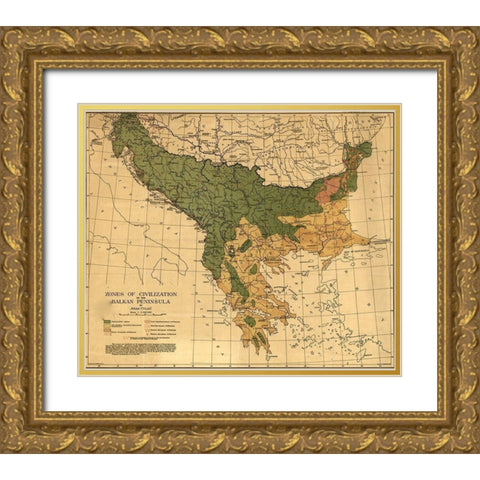 Balkan Zones of Civilization 1918 Gold Ornate Wood Framed Art Print with Double Matting by Vintage Maps