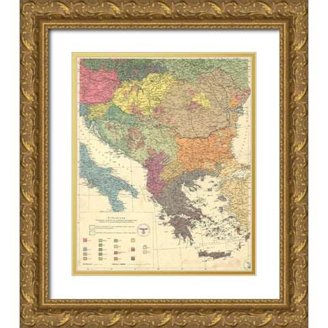 Peoples of the Balkans and Danube Area 1940 Gold Ornate Wood Framed Art Print with Double Matting by Vintage Maps