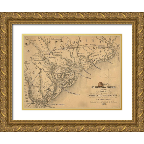 St Helena Sound and the coast between Charleston and Savannah 1861 Gold Ornate Wood Framed Art Print with Double Matting by Vintage Maps