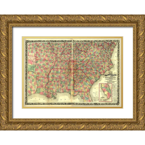 Southern States Gold Ornate Wood Framed Art Print with Double Matting by Vintage Maps