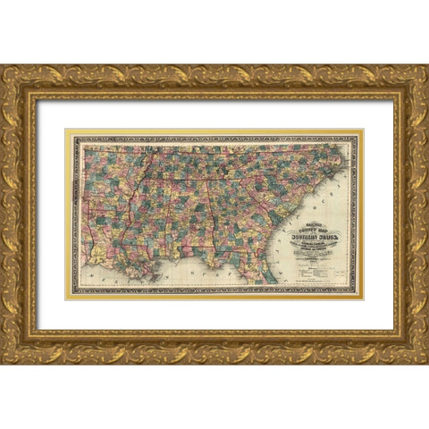 Railway and County Map of the Southern States Gold Ornate Wood Framed Art Print with Double Matting by Vintage Maps