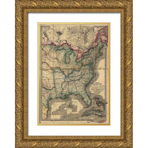Military Map of the United states 1861 Gold Ornate Wood Framed Art Print with Double Matting by Vintage Maps