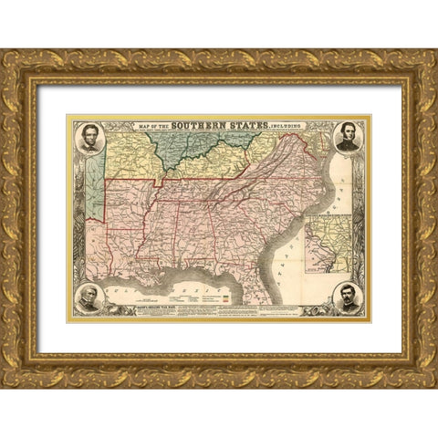 Southern States During the Rebellion 1863 Gold Ornate Wood Framed Art Print with Double Matting by Vintage Maps