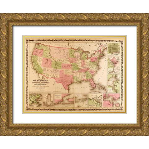 Military Map of the United states 1863 Gold Ornate Wood Framed Art Print with Double Matting by Vintage Maps