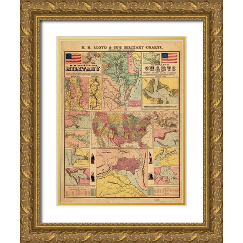 Campaign military charts showing the principal strategic places 1861 Gold Ornate Wood Framed Art Print with Double Matting by Vintage Maps