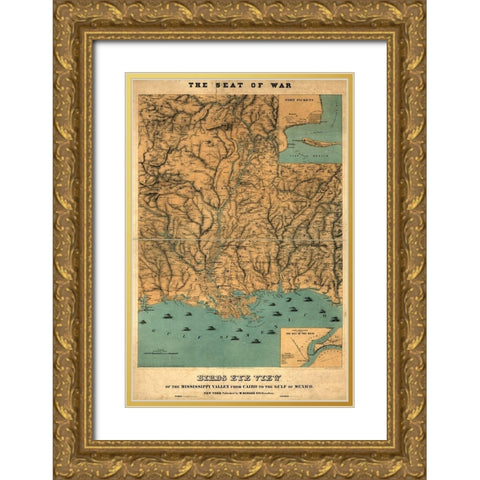 Birds eye view of the Mississippi Valley from Cairo to the Gulf of Mexico 1861 Gold Ornate Wood Framed Art Print with Double Matting by Vintage Maps