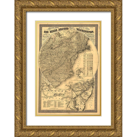500 Miles Around Washington DC Gold Ornate Wood Framed Art Print with Double Matting by Vintage Maps
