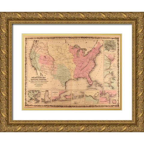 Military Map of the United States 1862 Gold Ornate Wood Framed Art Print with Double Matting by Vintage Maps