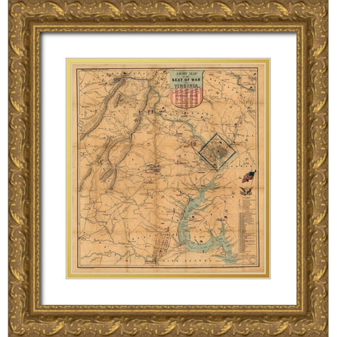 Army Map Theatre of War 1862 Gold Ornate Wood Framed Art Print with Double Matting by Vintage Maps