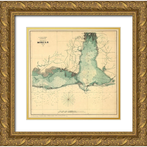 Approaches to Mobile Alabama 1864 Gold Ornate Wood Framed Art Print with Double Matting by Vintage Maps