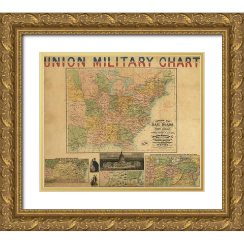 Union Military Chart 1861 Gold Ornate Wood Framed Art Print with Double Matting by Vintage Maps