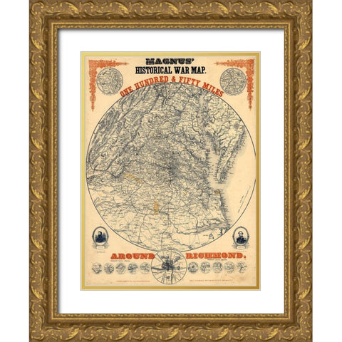 150 Miles Around Richmond 1864 Gold Ornate Wood Framed Art Print with Double Matting by Vintage Maps