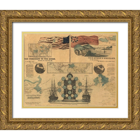 Telegraph Chart of America and Europe 1858 Gold Ornate Wood Framed Art Print with Double Matting by Vintage Maps