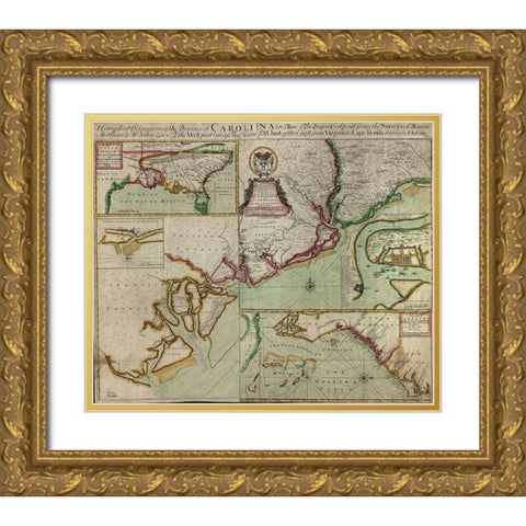 Carolinas in 1711 Gold Ornate Wood Framed Art Print with Double Matting by Vintage Maps