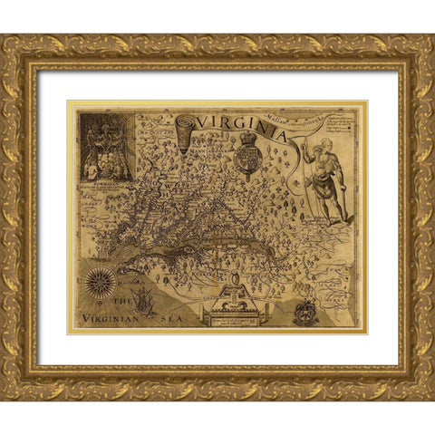 Virginia Discovered and described by john Smith 1606 Gold Ornate Wood Framed Art Print with Double Matting by Vintage Maps