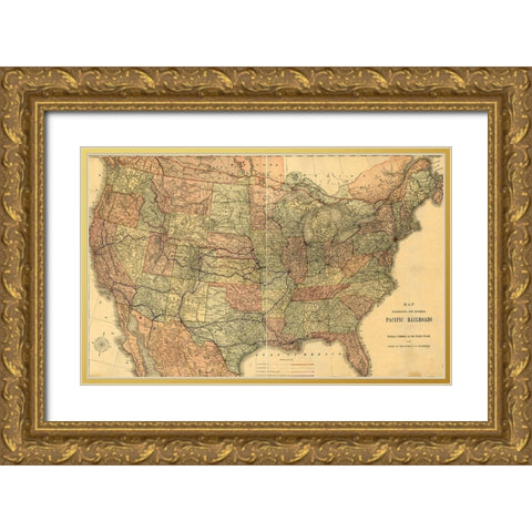 Pacific Railroads of The United States 1883 Gold Ornate Wood Framed Art Print with Double Matting by Vintage Maps