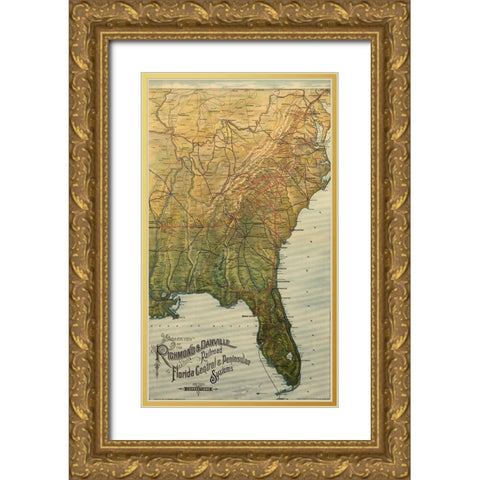 Richmond and Danville 1893 Gold Ornate Wood Framed Art Print with Double Matting by Vintage Maps