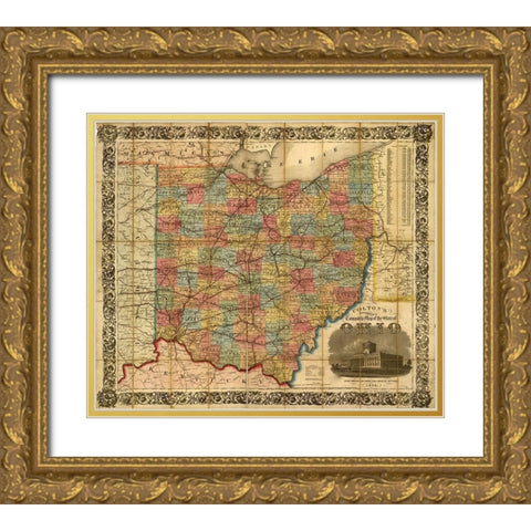 Railroad Township Map of the States of Ohio 1854 Gold Ornate Wood Framed Art Print with Double Matting by Vintage Maps