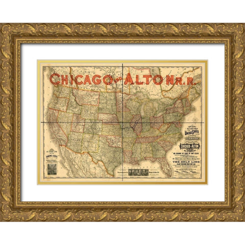 Chicago and Alton Railroad Gold Ornate Wood Framed Art Print with Double Matting by Vintage Maps