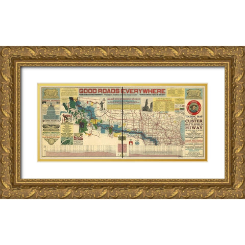 Good Roads Everywhere A Touring Map of the Custer Battlefield Highway 1925 Gold Ornate Wood Framed Art Print with Double Matting by Vintage Maps