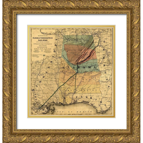 Alabama and Tennessee River Rail Road 1867 Gold Ornate Wood Framed Art Print with Double Matting by Vintage Maps