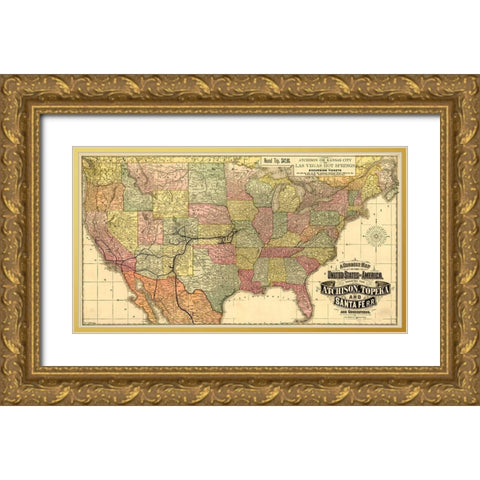 Atchison Topeka and Santa Fe R R 1888 Gold Ornate Wood Framed Art Print with Double Matting by Vintage Maps