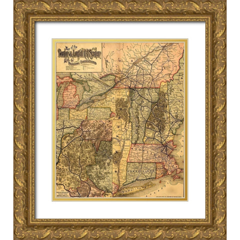 Boston and Lowell R R system 1890 Gold Ornate Wood Framed Art Print with Double Matting by Vintage Maps
