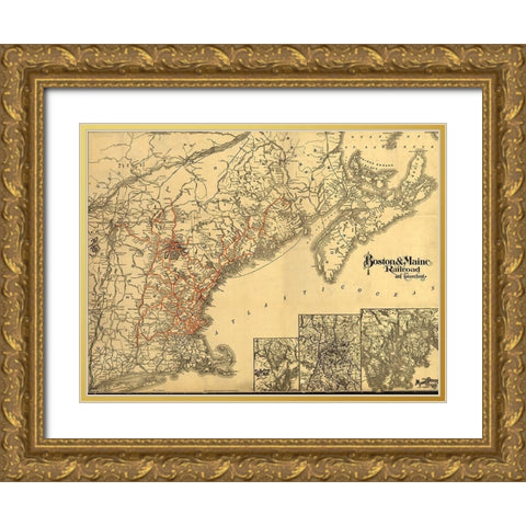 Boston and Maine 1898 Gold Ornate Wood Framed Art Print with Double Matting by Vintage Maps