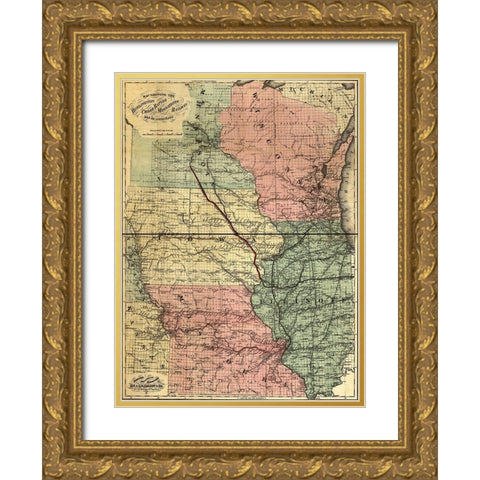 Burlington Cedar Rapids and Minnesota Railway 1868 Gold Ornate Wood Framed Art Print with Double Matting by Vintage Maps